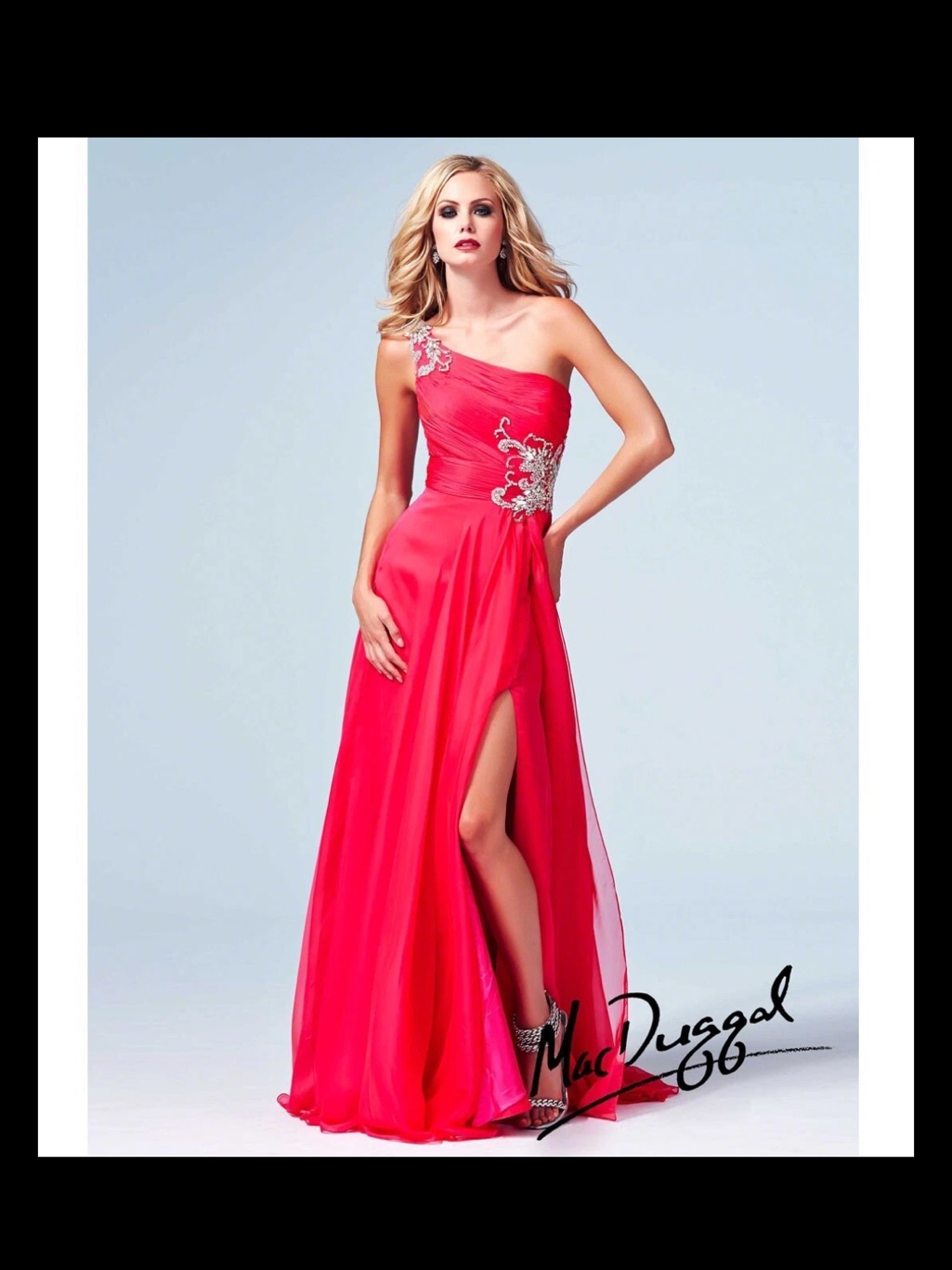 Mac Duggal Hot Pink One-Shoulder Prom Gown With Crystal Applique
